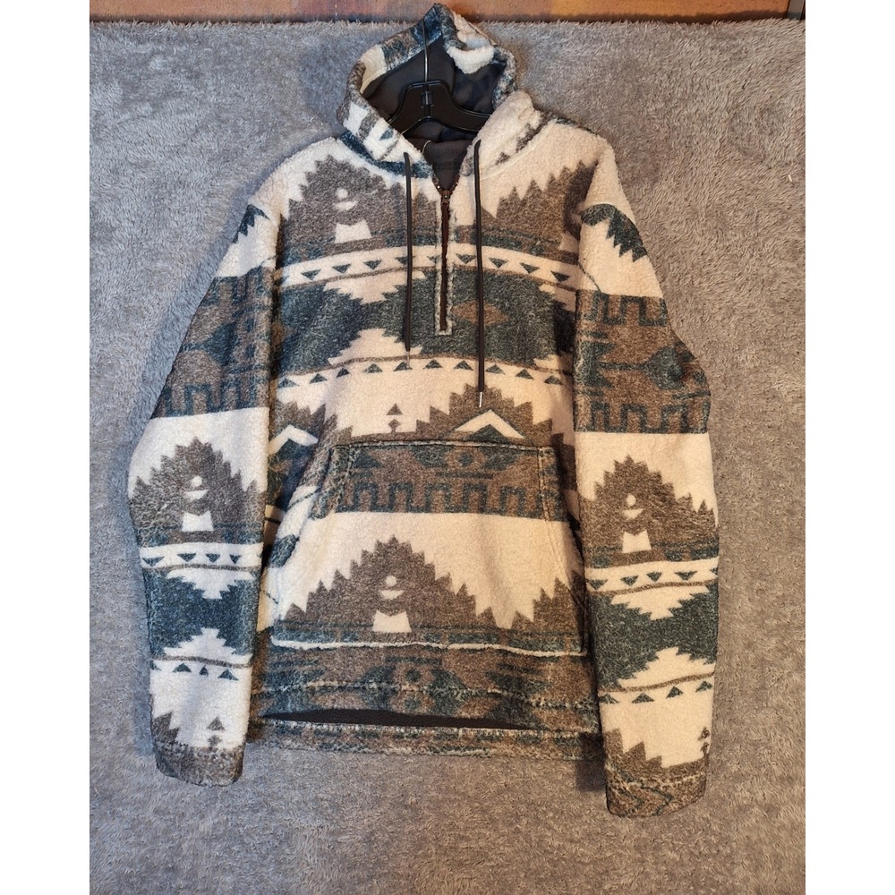 Chouyatou Aztec 1/4 Zip Hoodie Southwestern Fleece Cream Blue Brown QMLHY118